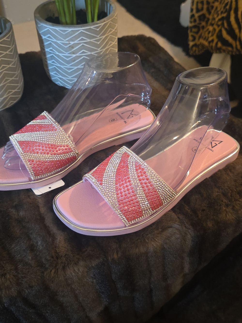 Material Girl Pink & Silver Rhinestone Slide Sandals - Picture 5 of 9
